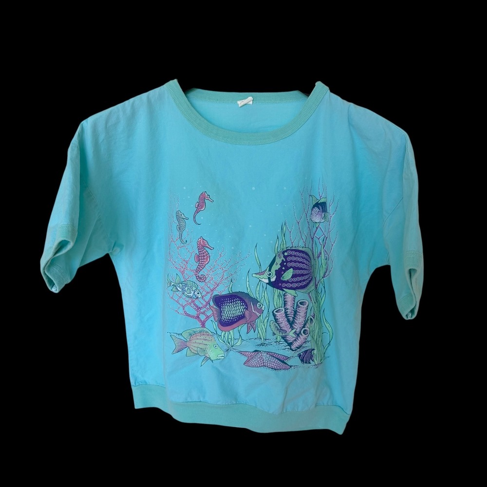 Vintage 1991 Perkins Tropical Fish Sea Life Ringer T-Shirt Blue Small USA